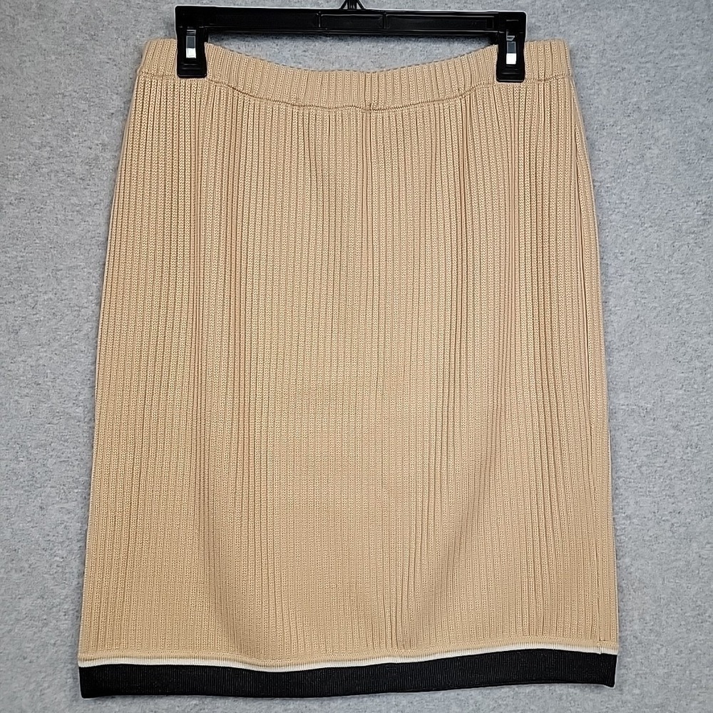 St John‎ Collection by Marie Gray Tan Knit Skirt Gray Stripe Elastic Waist Sz 12